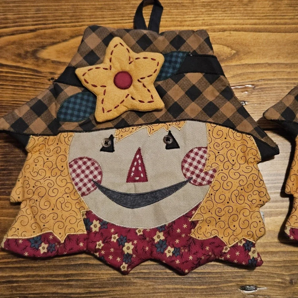 VTG Scarecrow Pot Holders Set of 2 Fall Autumn Farmhouse Kitchen‎ Decor Cotton